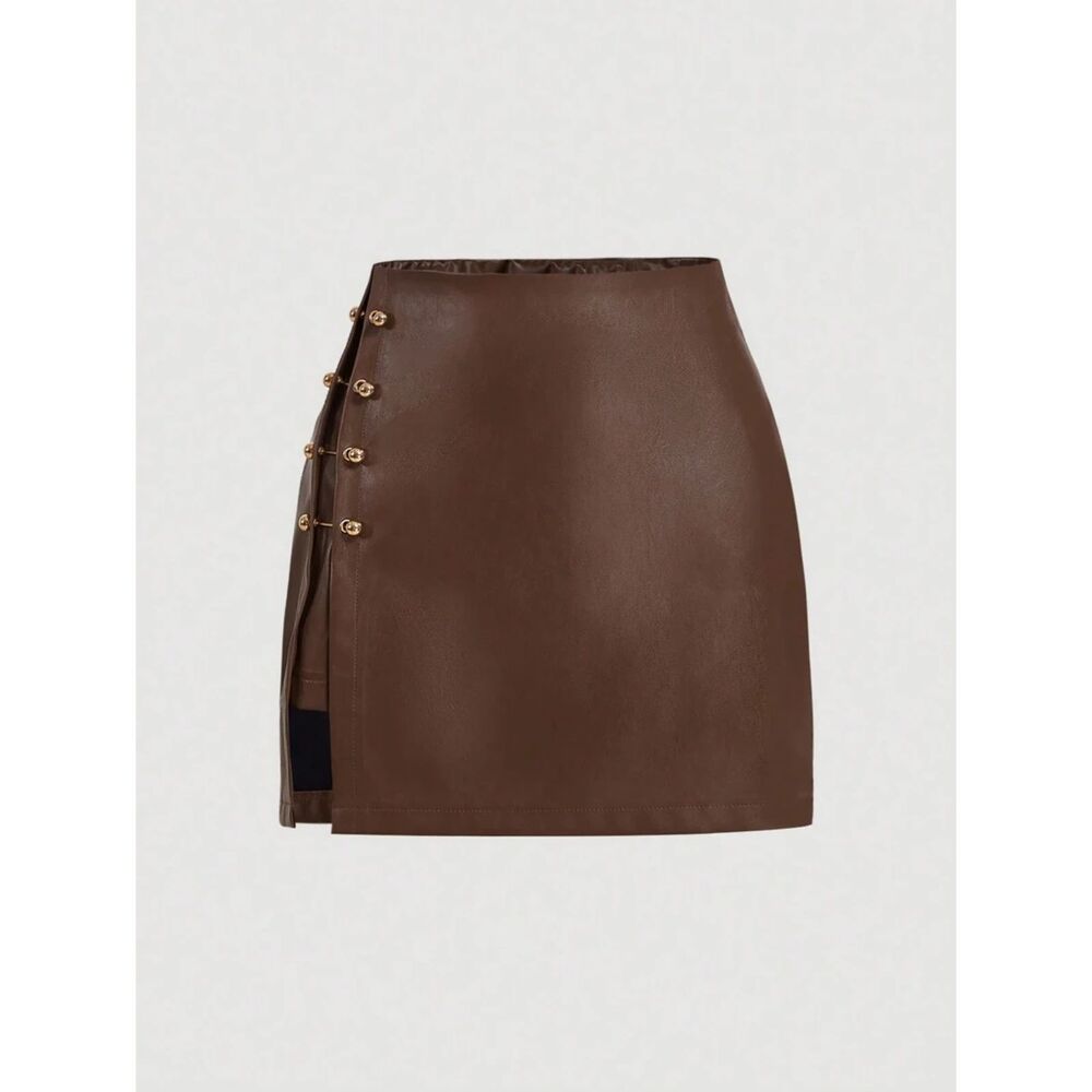 NWT SHEIN MOD Brown Side Slit Metallic Trim Faux Leather A-Line Skirt Autumn 1X